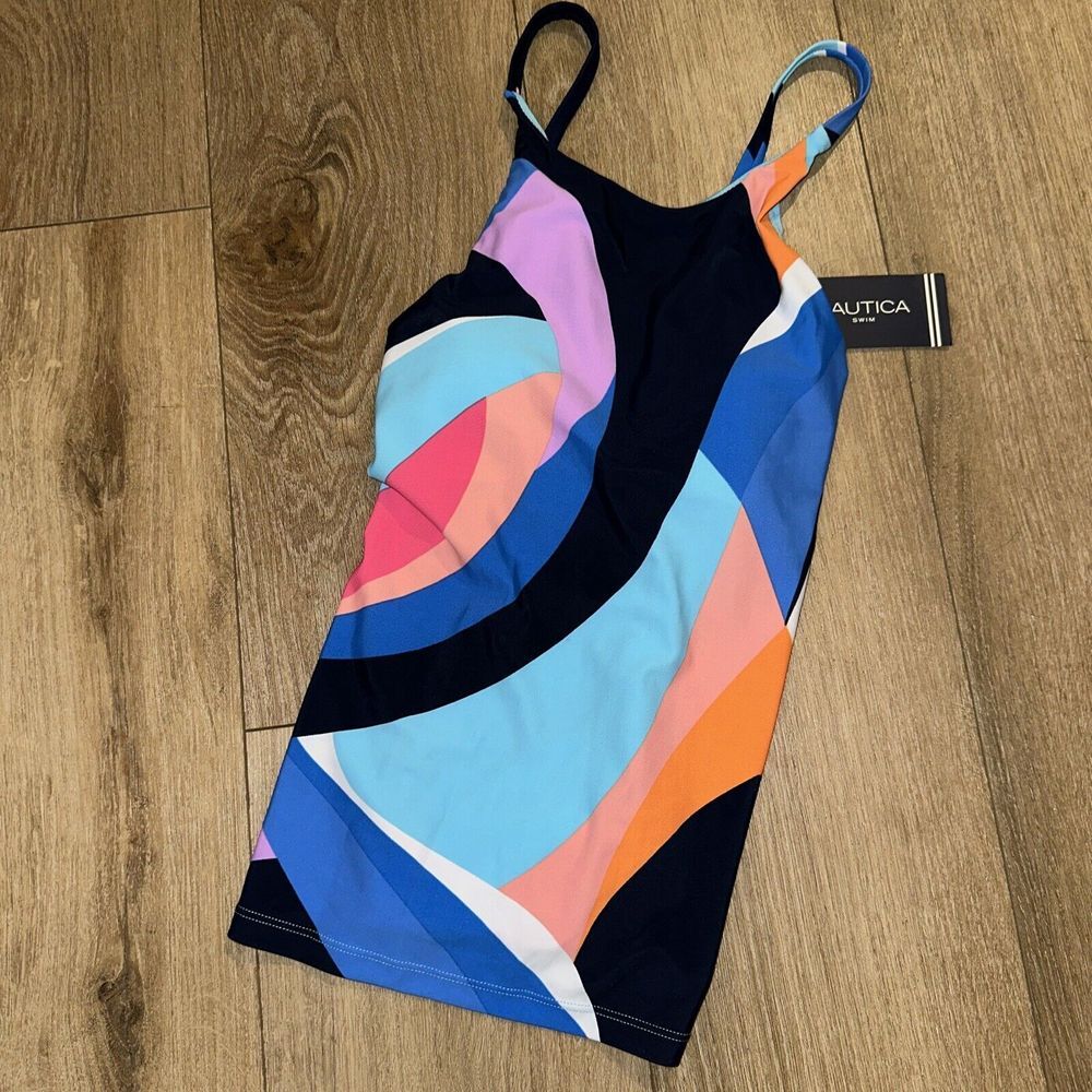 Nautica Tankini Top Swim Colorful Padded Criss Cross Back Small NEW